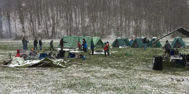 Troop 25 Scouts camping outdoors in winter